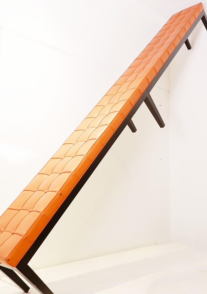 Very long wood and quilted cognac leather bench - 317cm