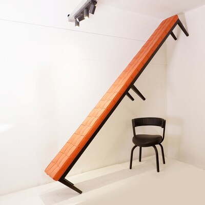 Very long wood and quilted cognac leather bench - 317cm