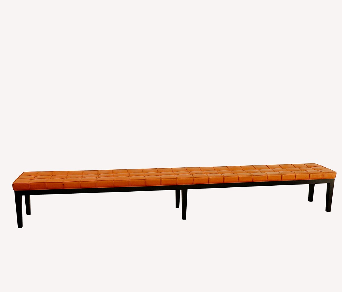 Very long wood and quilted cognac leather bench - 317cm