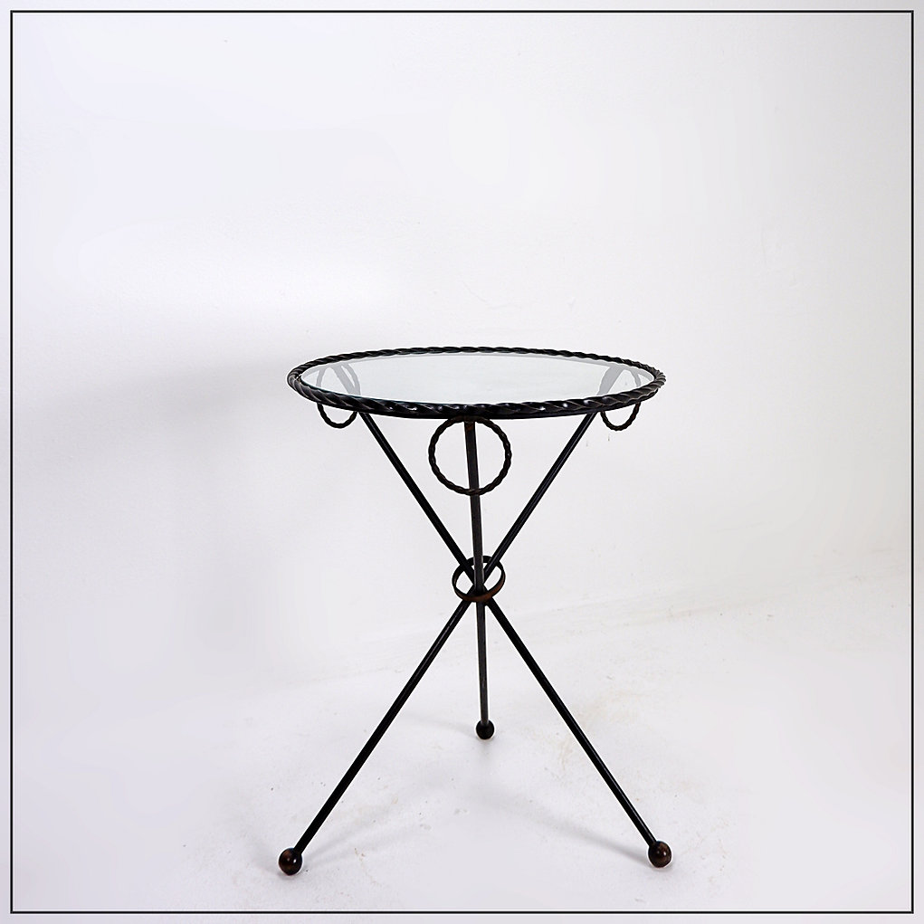 Wrought iron drink table with glass top in the style of Jean-Michel Franck 